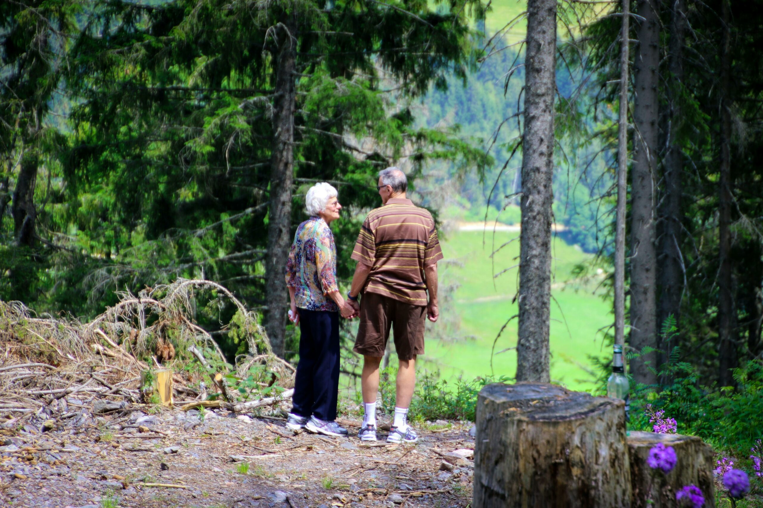 An elderly man and lady holding hands in a wood