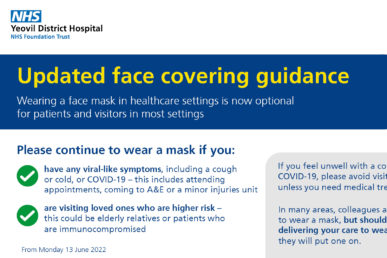 Image illustrating Face Covering guidance with a simple stylised line drawing of a face wearing a mask