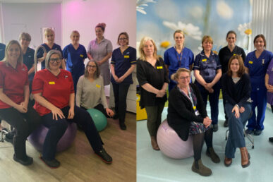 A photo of two photos of the maternity teams from both Musgrove Park Hospital and Yeovil Hospital. In both images, there are hospital colleagues in different uniforms from the red matron uniform to the blue health care assistant uniform. They sitting and standing all looking at the camera. Both photos are in birthing rooms with inflatable balls that pregnant women use whilst staying within our hospitals.