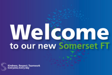 A blue background graphic with the words Welcome to Our New Somerset FT. An illustration of a murmeration of silhouetted birds forming an 's' in the background. A logo on the bottom right says Kindness, Respect, Teamwork everyday.