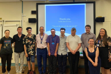 A photo of a group of students who have been working at Musgrove Park Hospital as part of an education workplace programme.