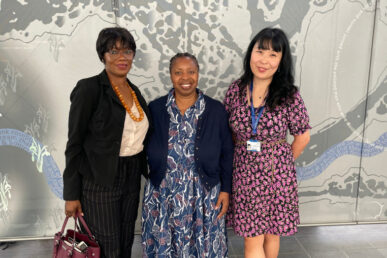 Wendy Olayiwola, Felicia Kwaku OBE, and Sun Sander-Jackson stood side by side in the concourse at Musgrove Park Hospital