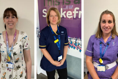 Our colleagues Lucy Blackmore, lead bereavement midwife, and midwives Jo BeeBee and Lorna Straker-Nesbit, stood side by side