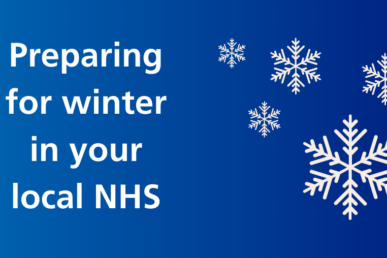 Blue background with white snowflakes. Title: Preparing for winter in your local NHS.