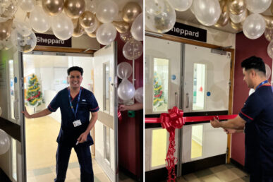 Photos of Mayur Naik, the ward sister for Sheppard ward at Musgrove Park Hospital cutting a ribbon to officially mark the opening of the ward.